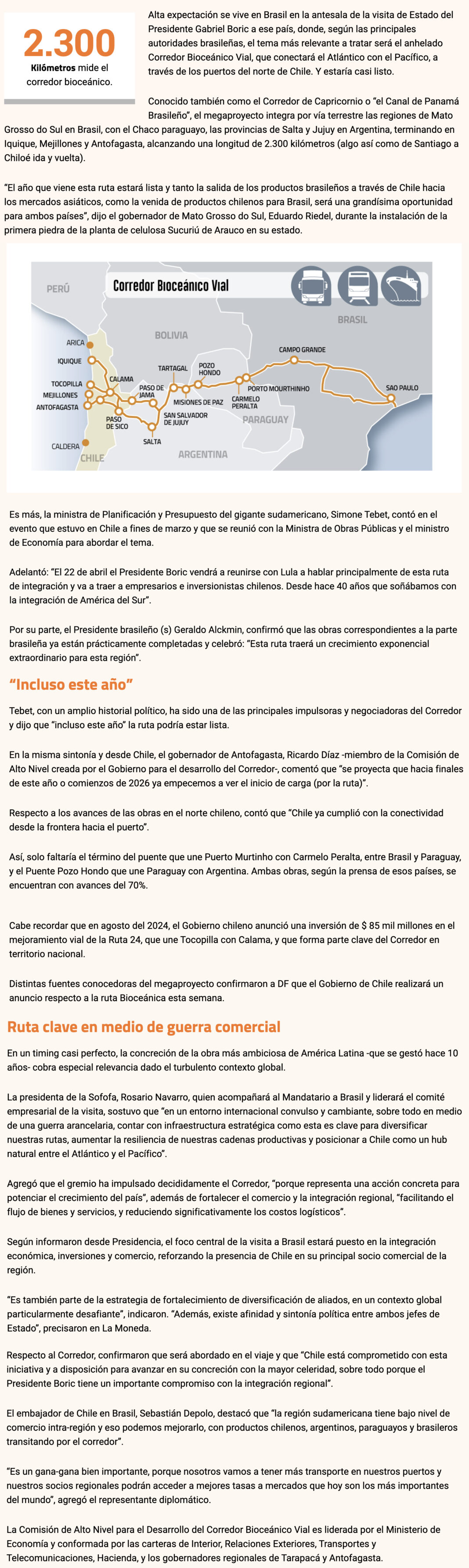 Gobierno ultima anuncio sobre Corredor Bioceánico: une Brasil con Chile y estará listo en 2026